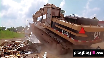 Big boobed naked badass asian babe Tiffany Luu and GFs demolishing a house