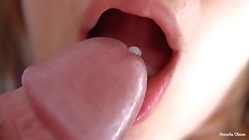 Her Soft Big Lips And Tongue Cause Him Cumshot, Super Closeup Cum In Mouth