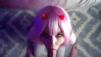 Zero Two sucks cock and gets cum on face - Sunako Kirishiki