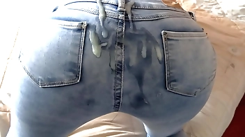 I found my stepson jerking off in my panties and for the first time I allow him to cum on my ass in jeans