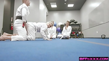 BFFsXXX - Lucky Karate teacher fucks three hot students Abigail Peach, Bella Rolland and Olivia Gray they fuck in karate poses
