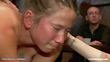 Shaved bound slave fucked in public