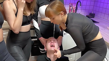 Many Rude Girls Spit In Slave's Mouth And Verbally Humiliate Him - Mouth Spitting Femdom