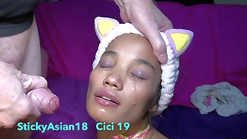 StickyAsian18 petite Cici wants to watch TV, but gets cock pushed in her mouth instead.
