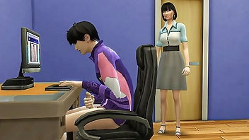 Japanese step mom catches her stepson masturbating in front of the computer watching porn videos and then helps him have sex with her for the first time - Korean step-mother
