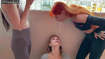 Mistresses Agma And Sofi Spit On Slave-Girl On A Public Balcony - Lezdom Spitting