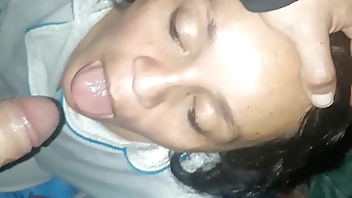 Milf stepmom is mouth fucked and gets cum in her mouth