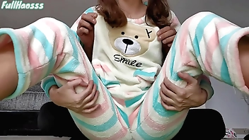 stepdad teasing petting small tits and shaved pussy in pajama