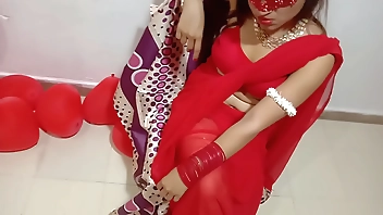 Newly Married Indian Wife In Red Sari Celebrating Valentine With Her Desi Husband - Full Hindi Best XXX