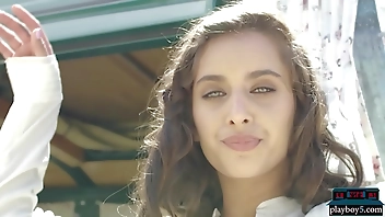 Perfect big round ass MILF model Uma Jolie strips in the back of a van for Playboy