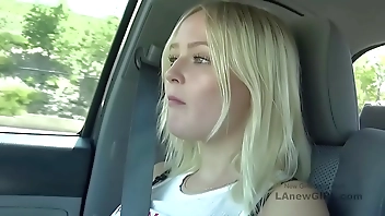 Blonde Teen model takes cock deep throat in studio