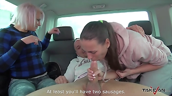 Two horny bitches pick up sexy blondie in shopping park to have fuck and fun in the car