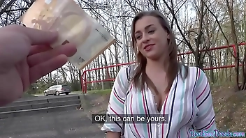 Bigboob eurobabe pulled into giving blowjob and outdoor sex