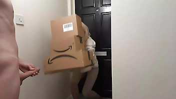 Crazy jerking off guy meets an Amazon delivery girl and she decides to help him cum