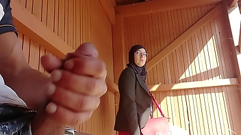 young boy shocks this muslim girl who was waiting for her bus with his big cock, OMG !!! someone surprised them; he might have problems and run away ...
