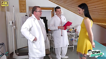 Filthy bitch Sharlotte Thorne examined and made to cum by 2 perverted doctors