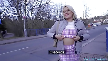 Pulled blonde cutie sucking for cash before POV sex