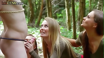 CFNM femdom babes deepthroat bondage dude cock outdoor