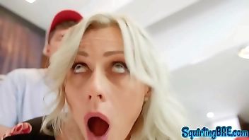 Squirting blonde MILF sucking cock during buttfucking duo