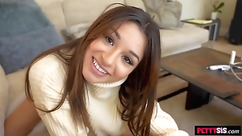 Petite stepsister is caught rubbing her pussy with her pillow now she has to be fucked by her big cock stepbrother