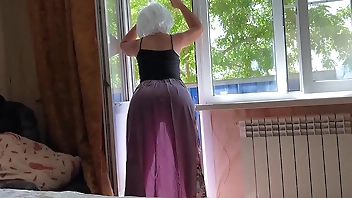 Step mom in a transparent dress shows her big ass to her stepson and waits for anal sex
