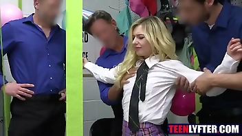 Blonde teen thief gangbanged by security guards