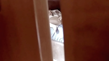 Spying behind a door a teen stepdaughter masturbating in bedroom and coming very intense